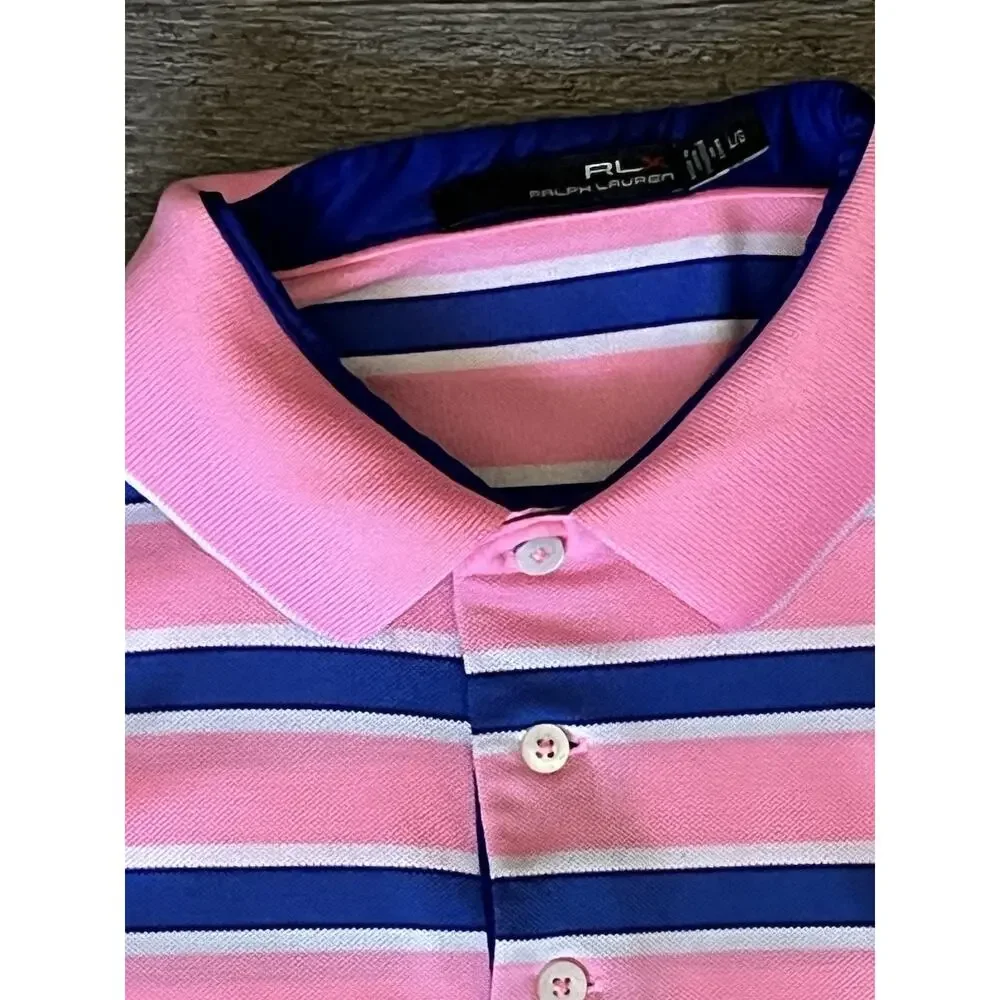RLX Ralph Lauren Golf Polo Men L Pink Blue Wht Stripe Bear Mountain Performance